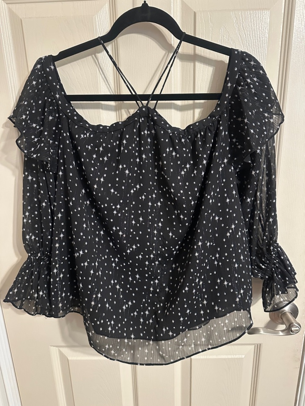 1. State Metallic Star-Print Cold Shoulder Blouse w Halter Straps, Black, Sz S